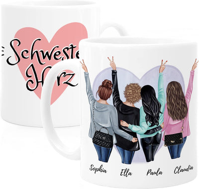 Personalisierte Schwestern Tasse mit 4 Schwestern von Tassenliebling mit dem Spruch Schwesterherz #tassenart_normal