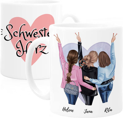 Personalisierte Schwestern Tasse mit 3 Schwestern von Tassenliebling mit dem Spruch Schwesterherz #tassenart_normal