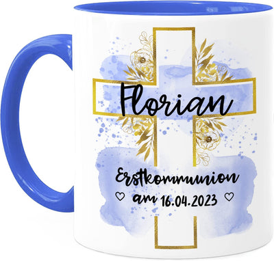 Kommunion Erstkommunion Tasse von Tassenliebling personalisiert in Blau mit Namen, Text und Datum. Das perfekte Kommunionsgeschenk #tassenart_blau