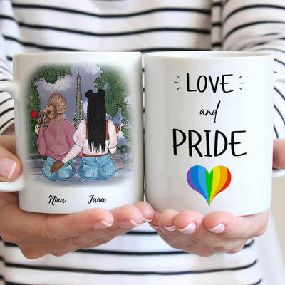 Personalisierte Tasse (Spruch: Love and Pride) von Tassenliebling für homosexuelle Pärchen (2 Frauen) #tassenart_normal