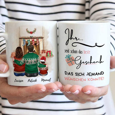 Weihnachtsfamilie mit einem Kind - 2 Hände halten Tassen - Vor und Ruckseite Vorschaubild -personalisierbare Tasse Tassenliebling #tassenart_normal